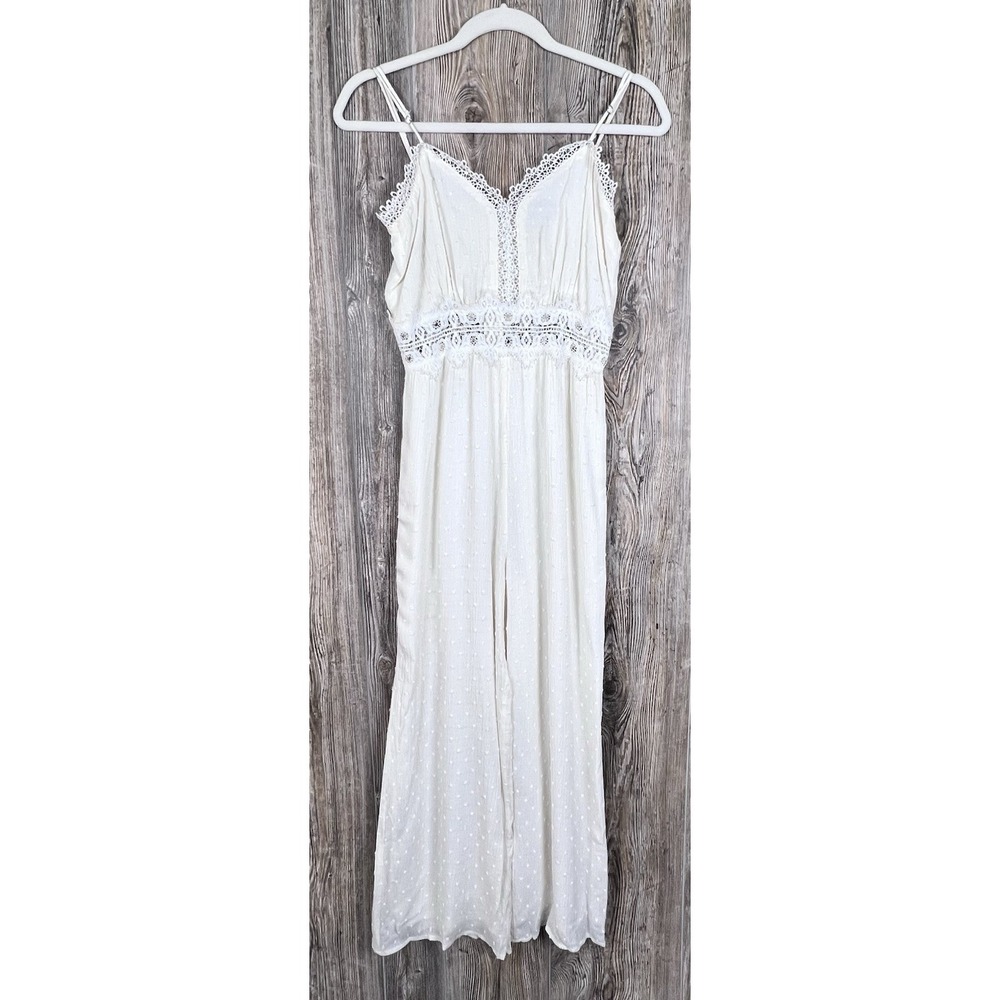 Lulus Jumpsuit Women's‎ Size Small Beige Clip Dot Lace Wide Leg Cropped